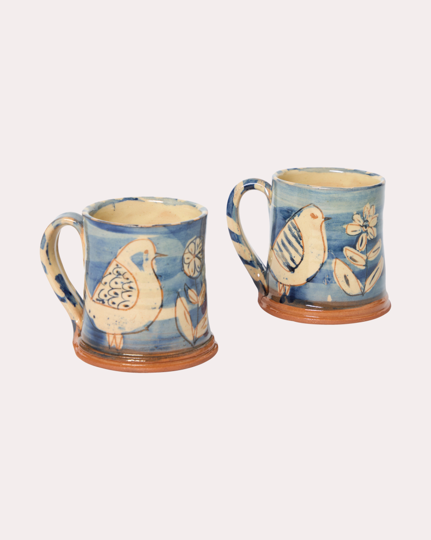Pair of Love Bird mugs by Jim and Dominique Keeling Whichford Pottery