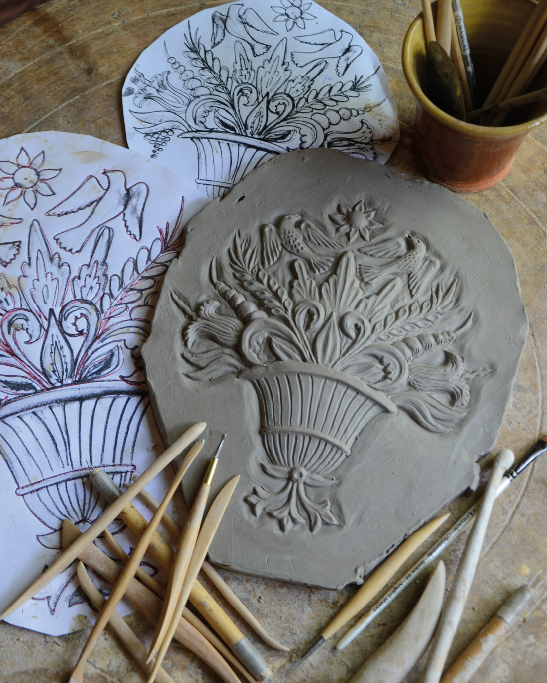 Larks Ascending Mould being designed and carved